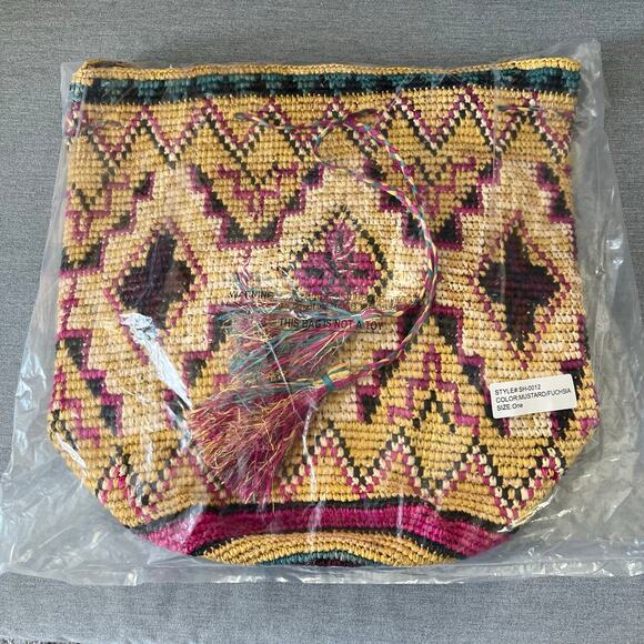 Lovestitch Straw Santa Fe Raffia Tribal Tasseled Bucket Crossbody Tote Bag New - Picture 12 of 12